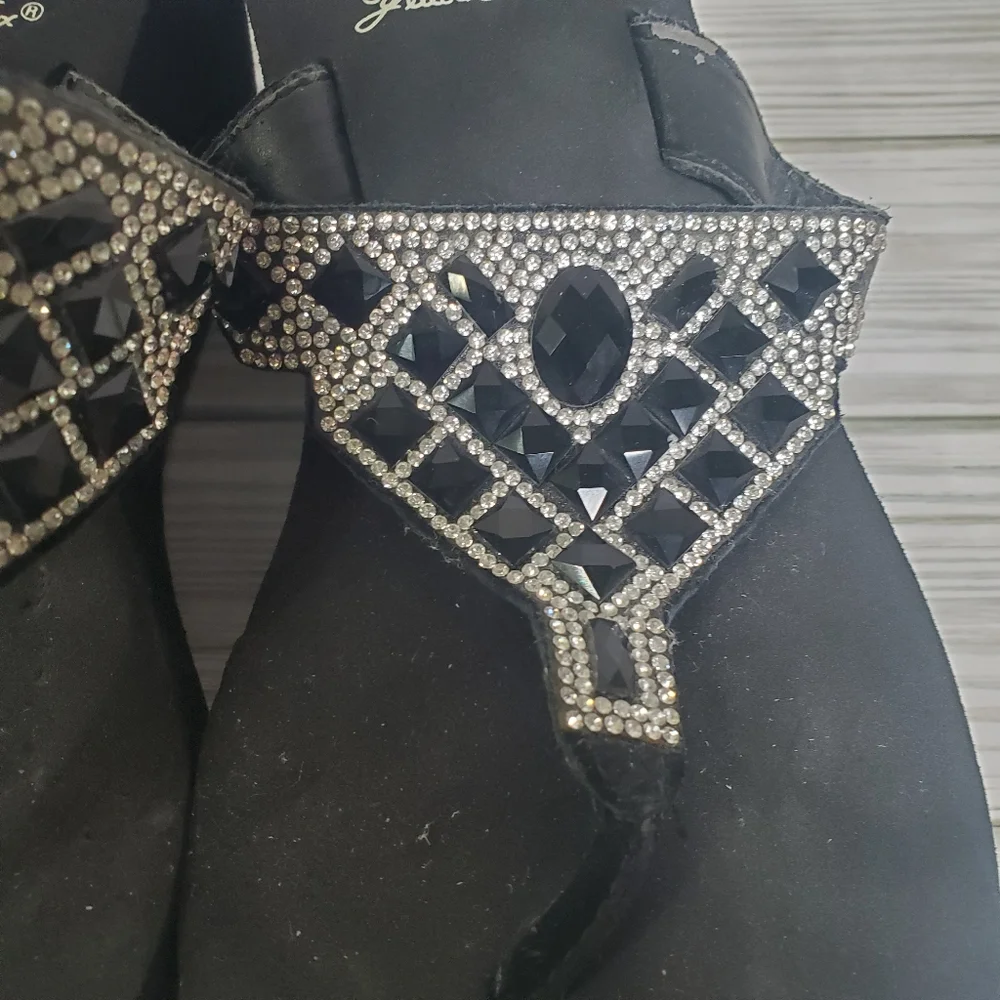 Yellow Box Black Sequin Gem Platform Wedge Womans‎ Sandals 6
